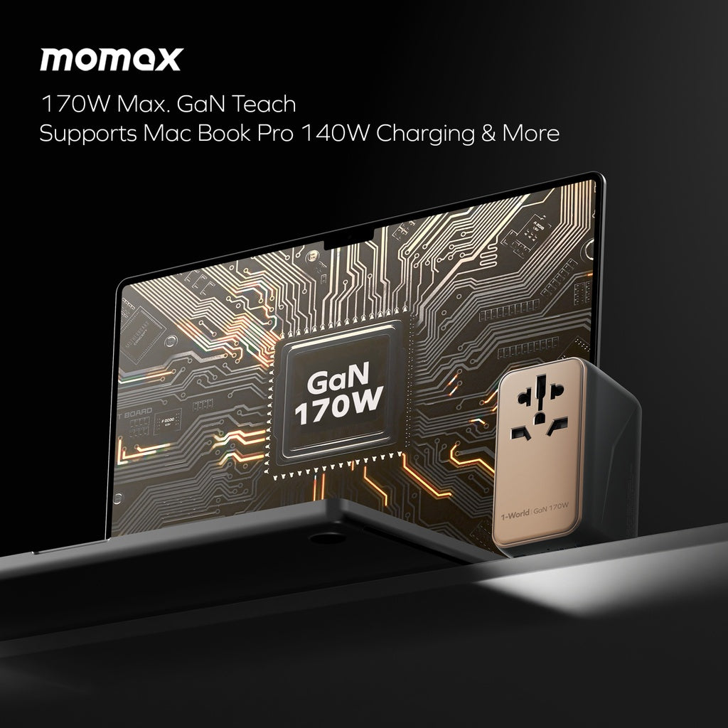 محول سفر Momax 1-World GaN بقدرة 170 واط | 4 منافذ + AC | تيتانيوم صحراوي محول سفر Momax 1-World GaN بقدرة 170 واط | 4 منافذ + AC | تيتانيوم صحراوي